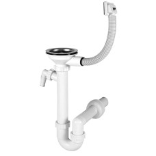 Сифон для кухонной мойки, PP, трубный, с донным клапаном Ø90 мм, решетка Ø114 мм, прямоугольный перелив, штуцер для подключ. техники, патрубок Ø40 