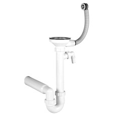 Сифон для кухонной мойки, PP, трубный, с донным клапаном Ø90 мм, решетка Ø114 мм, круглый перелив, штуцер для подключ. техники, патрубок Ø50 мм