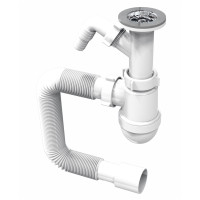 Сифон для умывальника, PP, колбовый, с литым выпуском, сетка выпуска Ø65 мм, пробка, штуцер для техники, гофра Ø40/50 мм до 800 мм