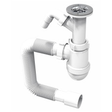 Сифон для умывальника, PP, колбовый, с литым выпуском, сетка выпуска Ø65 мм, пробка, штуцер для техники, гофра Ø40/50 мм до 800 мм