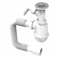 Сифон для кухонной мойки, PP, колбовый, сетка выпуска Ø70 мм, штуцер для техники, гофра Ø40/50 мм до 800 мм