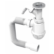 Сифон для кухонной мойки, PP, колбовый, сетка выпуска Ø70 мм, штуцер для техники, гофра Ø40/50 мм до 800 мм