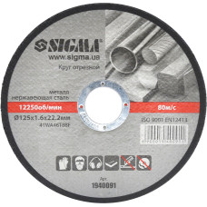 Круг відрізний по металу і нержавіючій сталі Ø125x1.6x22.2мм, 12250 об/хв Sigma 1940091