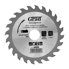 Диск пильний по дереву з твердосплавними напайками Ø125х22.2х24Т, 10000об/хв Grad 1957025