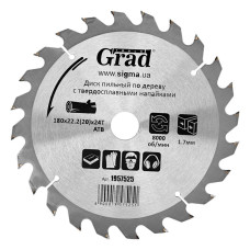 Диск пильний по дереву з твердосплавними напайками Ø180х22.220х24Т, 8000об/хв Grad 1957525