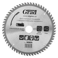 Диск пильний по дереву з твердосплавними напайками Ø230х3230;25.4х60Т, 6000об/хв Grad 1958575