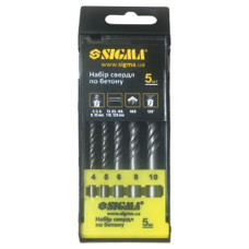 Набір свердел по бетону циліндричний хвостовик 5шт 4, 5, 6, 8, 10мм пластик. кейс Sigma 1719691