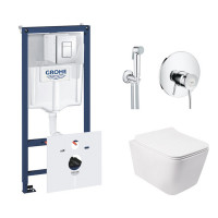 Комплект інсталяція Grohe Rapid SL 38827000 + унітаз з сидінням Qtap Crow QT05335170W + набір для гігієнічного душу зі змішувачем Grohe BauClassic 2904800S