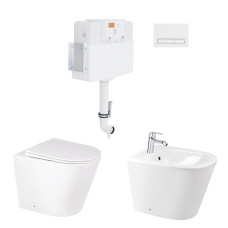 Набір Qtap змивний бачок з панеллю змиву Nest (QT0122490S4Q1 + QT0111M08V1384W) + унітаз Swan QT16223178W + біде Stork QT15443378W + змішувач для біде Arena QTARECRM